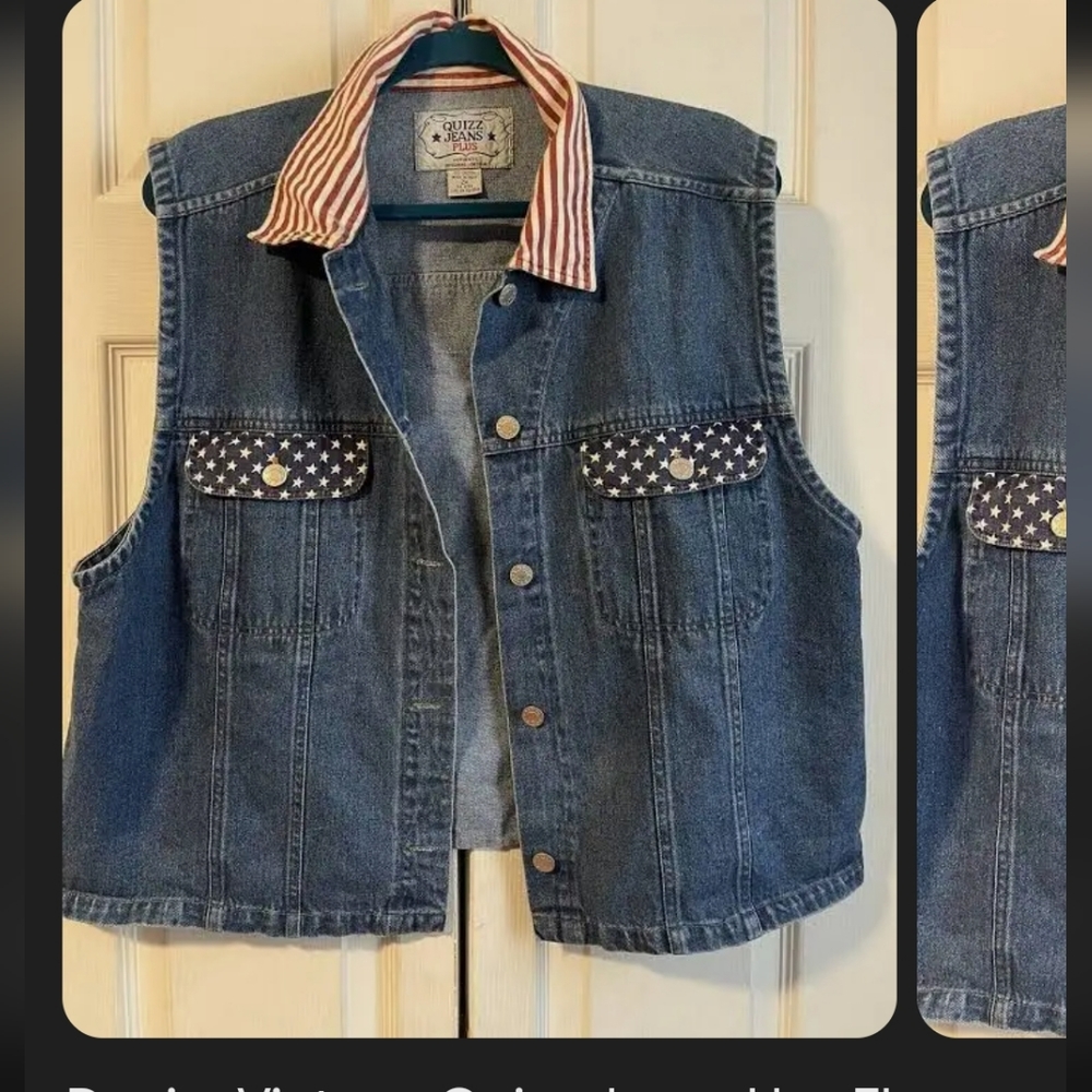 Denim Vintage 90s Quizz Jeans USA Flag Patriotic Vest Curvy Size Womens 3x.